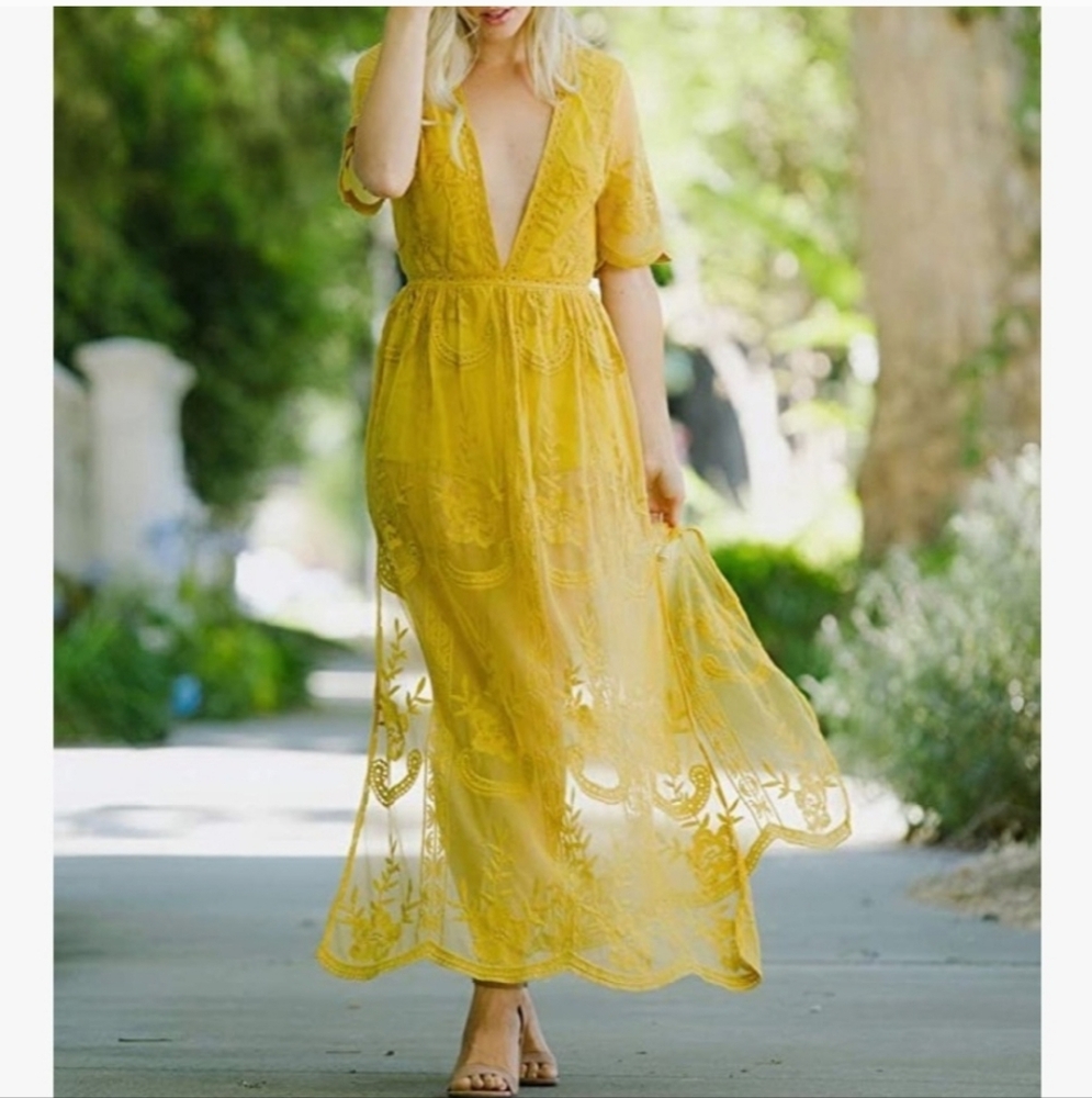 SOHCUE Yellow Lace Dress